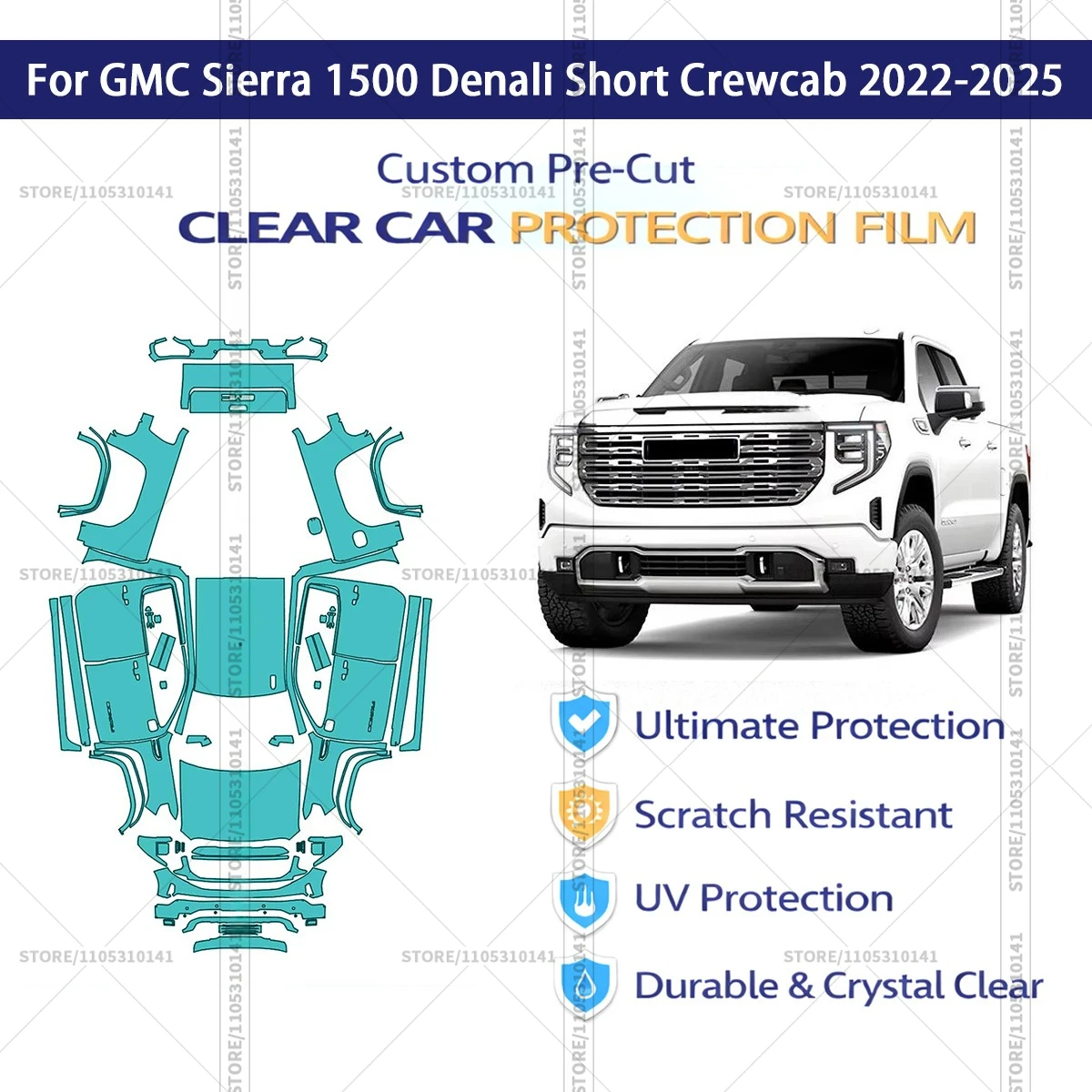 For GMC-Sierra-1500-Denali-Short-Crewcab-2022-2025 Pre-Cut Paint Protection Film PPF Transparent Car Film Automotive PPF
