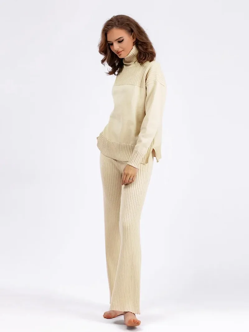 

Женский вязаный пуловер, однотонный свободный повседневный осенне-зимний свитер с высоким воротником, комплект из двух предметов