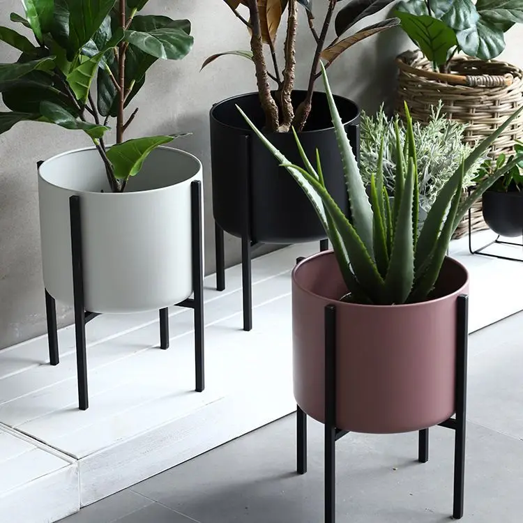 Modern Simple Metal Wrought Iron Flower Rack Indoor Living Room Balcony Decorative Pot Rack Wood Panel Style for Furniture
