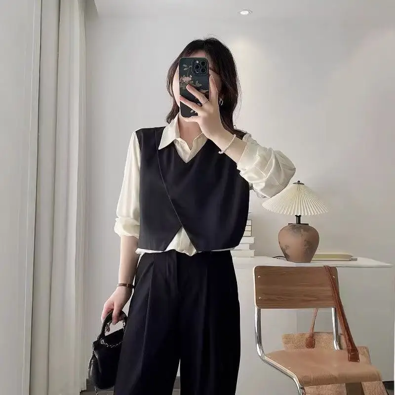 Fake Two Pieces Patchwork Loose Vintage Blouse Women Clothing Spring Autumn New Long Sleeve Casual Shirt Tops Fashion Elegant