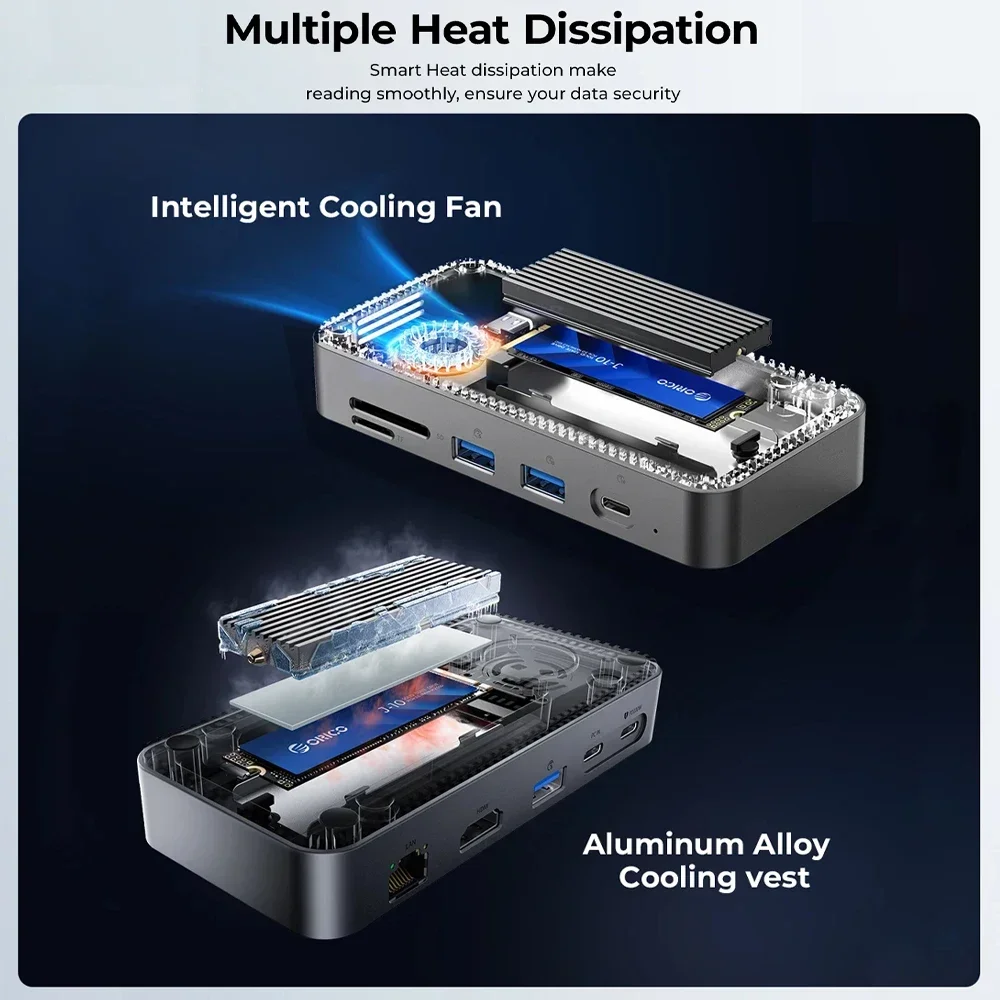 ORICO-HUB USB C con ventilador de refrigeración, carcasa externa M.2 NVMe SATA SSD, 10gbps, 4K @ 60Hz, HDMI Com, RJ45, SD/TF, estación de acoplamiento para PC