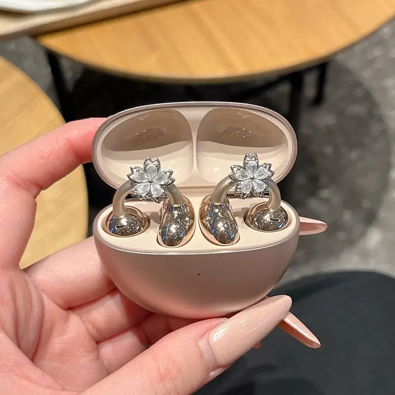 2Pcs Bluetooth Earphone Accessories Earrings For Ear Clip Earphone Rotating Flower Blossoms Shining Decoration