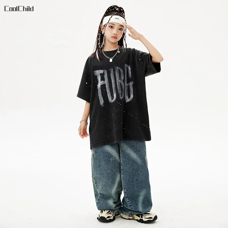 Boys Streetwear Street Dance Printed Loose T-shirt Jeans Girls Hip Hop Cool Clothes Sets Kids Jazz Denim Pants Outfits Costumes