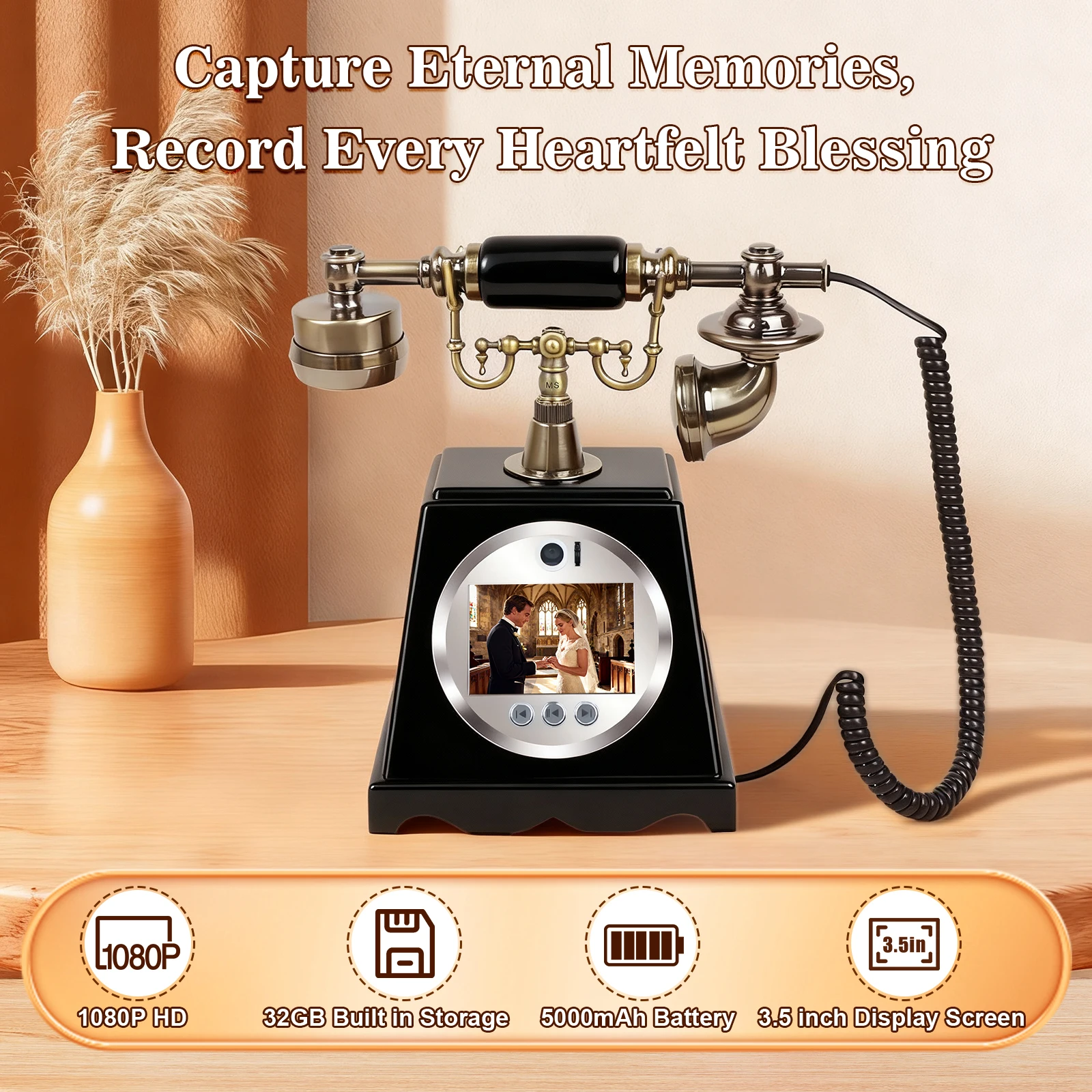 

Retro Video Message Phone Party Voice Guestbook Wedding Blessing Recorder Vintage 32GB Memory Audio Recording Guestbook Phone