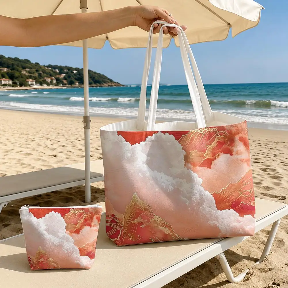 Dreamy mountain Storage Bags 2-Piece Set Double-Sided Printed Canvas Tote Bags with Zipper Shopping Shoulder Handbags