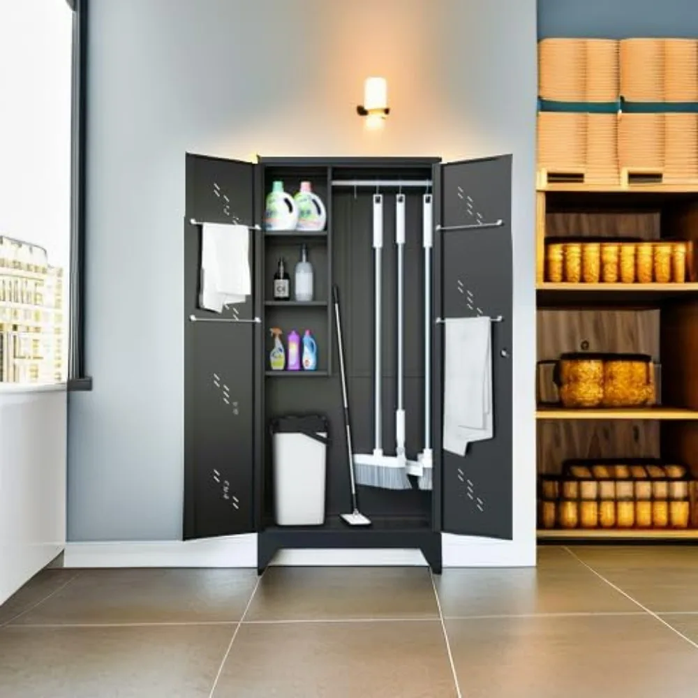 ตู้เก็บของโลหะ, ตู้เครื่องมือทำความสะอาดขนาด 75 นิ้วพร้อมประตูล็อค, ที่เก็บเครื่องมือโรงเก็บของสูง, ตู้ไม้กวาดขนาดใหญ่สำหรับ B