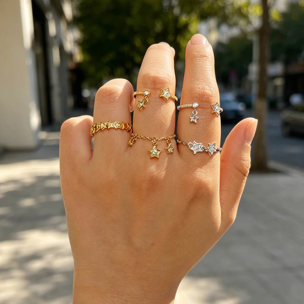 Ladies' adjustable star-shaped chain ring with sparkling zircon five-pointed star pendant, entwined ring, fashion jewelry gift