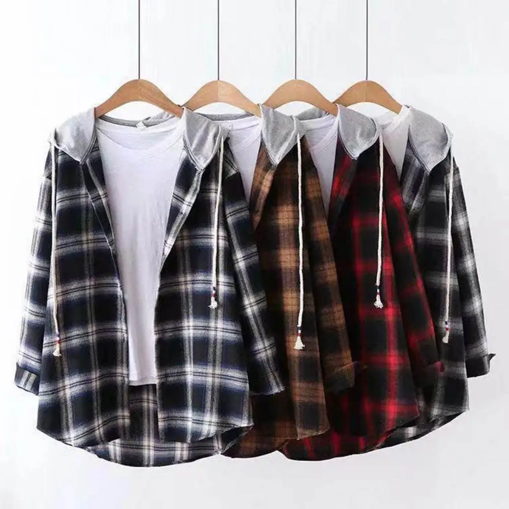 Autumn Women Shirts Hoodie Coat Plaid Print Loose Hooded Long Sleeves Drawstring Cardigan Single-breasted Buttons Spring Jacket