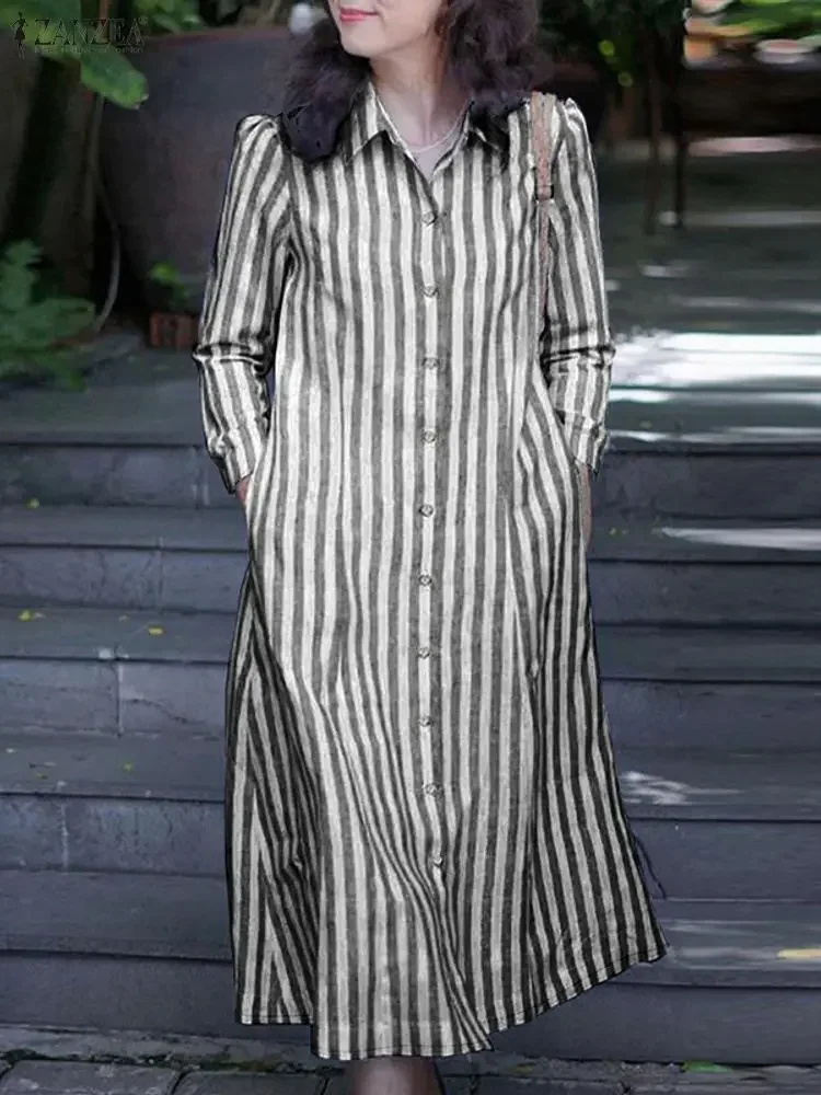ZANZEA 2026 فستان مخطط للخريف والربيع موضة النساء التلبيب الرقبة طويلة الأكمام مكتب فستان الشمس أزرار أسفل Vestidos ميدي رداء