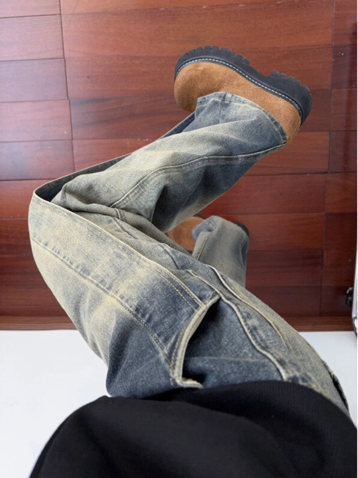

Cleanfit Vintage Blue Men's Jeans Patchwork Deconstructed Knife Workwear Loose Wide Leg Pants American High Street