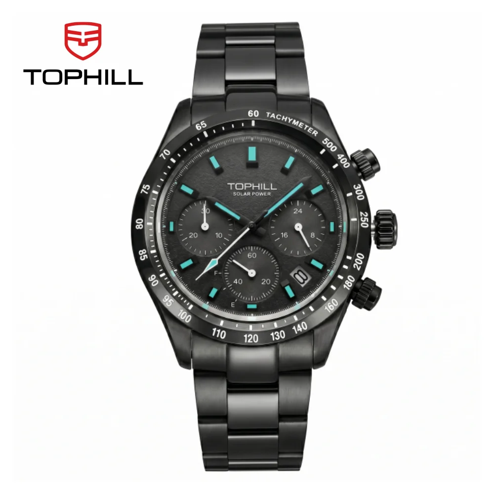TOPHILL 42 mm VR42B solarbetriebene Chronographen-Quarzuhr für Herren, 4,5 Stunden Datumsfenster, Saphirglas, C3, grün leuchtend, 5 Bar, TL029G