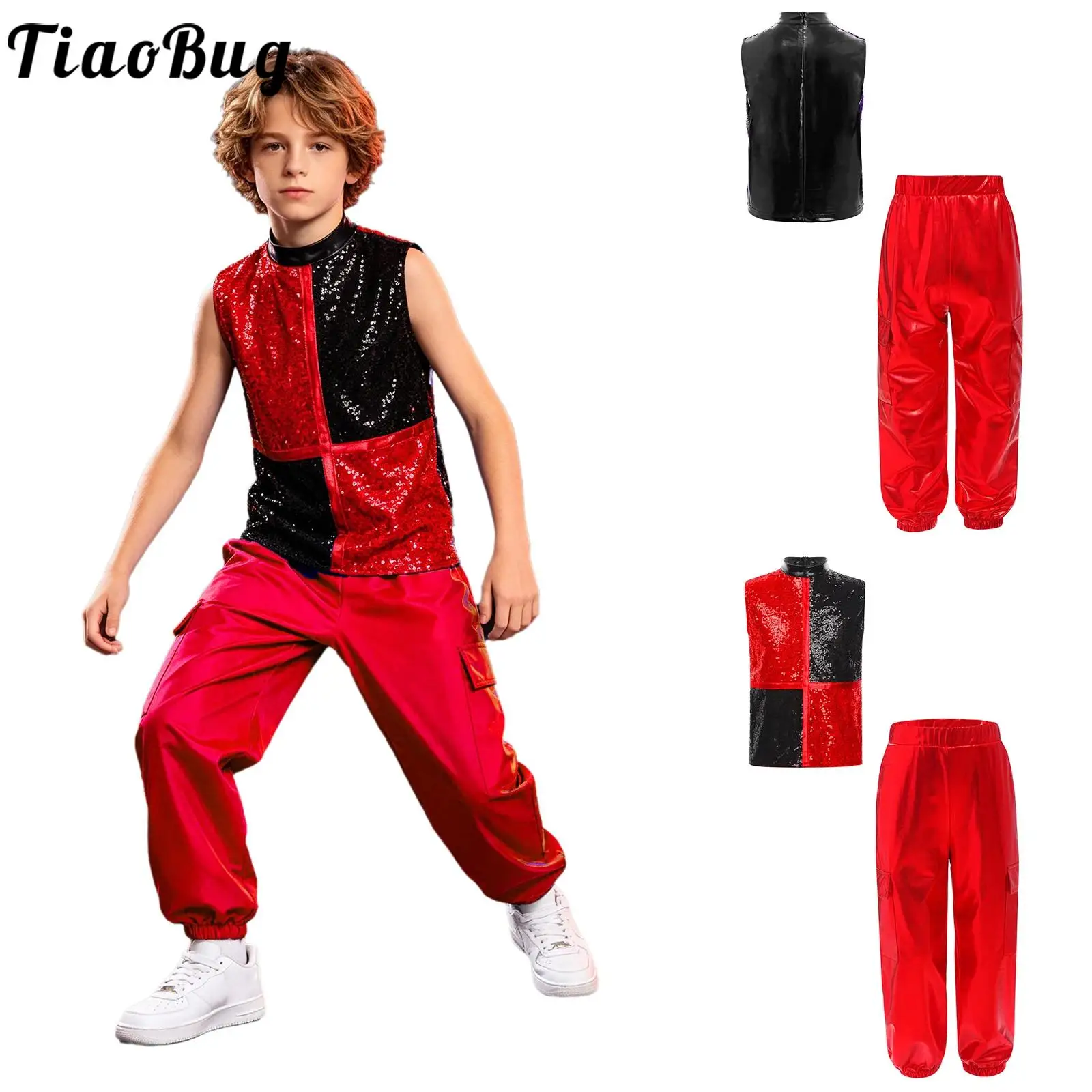 

Kids Boys Metallic Modern Street Jazz Dance Costume Dancing Team Clothes Sleeveless Sequins Zipper Vest with Shiny Cargo Pants