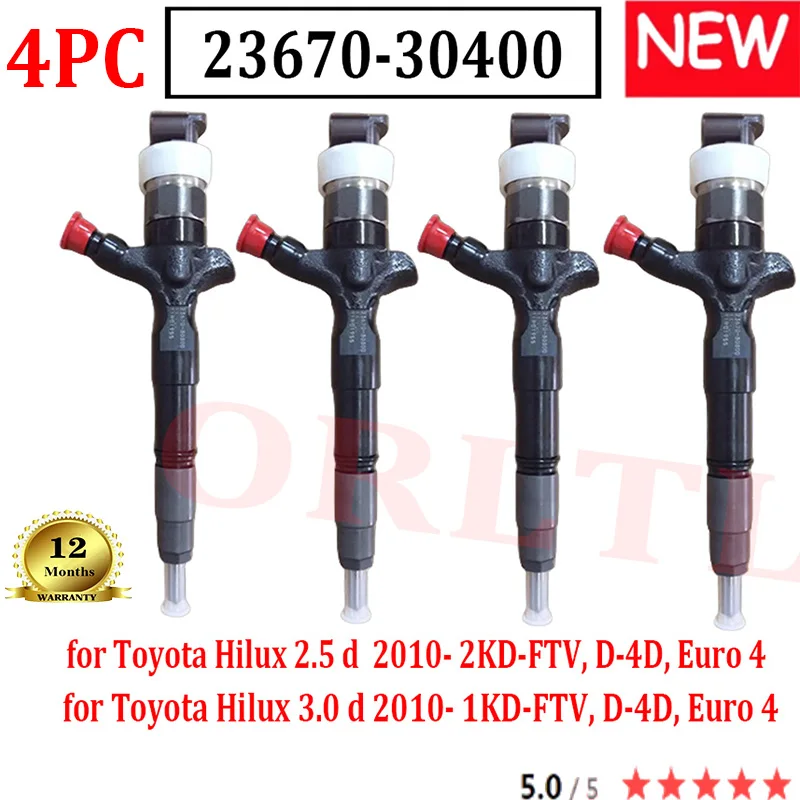 4PCS New 23670-30400 Diesel Common Rail Fuel Injector 2367030400 for Toyota Hilux 2.5 /3.0d 2010- 2KD-1KD FT Euro 4 23670 30400