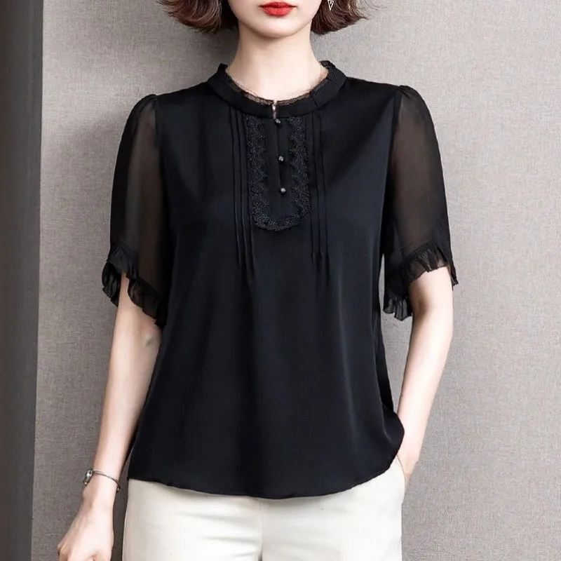 Woman Summer Style Chiffon Blouses Tops Lady Casual Short Sleeve O-Neck Black Color blusas Tops WY1019