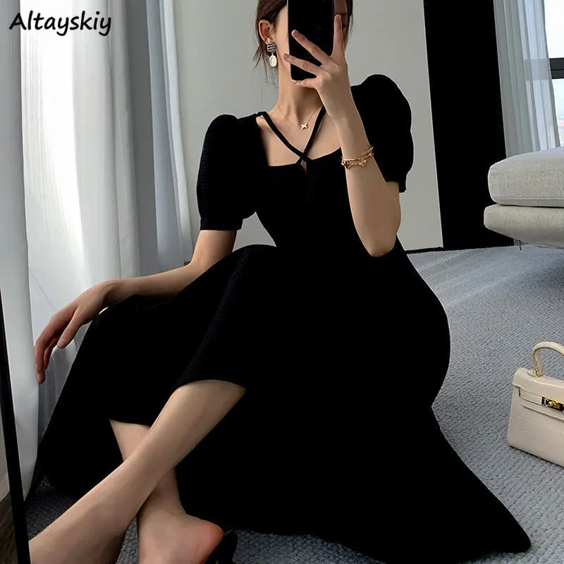 Vintage Dress Women Slim Summer Simple Square Collar Party Chic Sundress Korean Midi Daily OL Elegant Vestidos Pure Black Sales