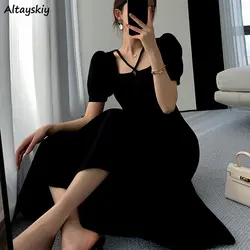 Sukienka Vintage kobiety Slim lato prosty kwadratowy kołnierzyk Party Chic Sundress koreański Midi codzienny OL elegancki Vestidos czysta czerń sprzedaży