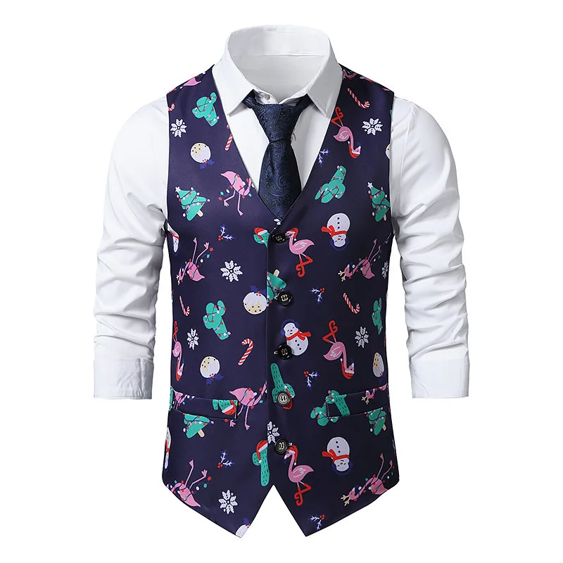 Robe de soirée de banquet de mariage en verre trempé imprimé de Noël pour hommes, col en V, blazer à la mode, gilet, nouveau