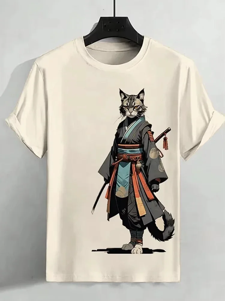New Men's Crew-Neck Short-Sleeve T-Shirt Samurai Cat Printed T-Shirt Casual Fashionable Relaxed Fit Tops