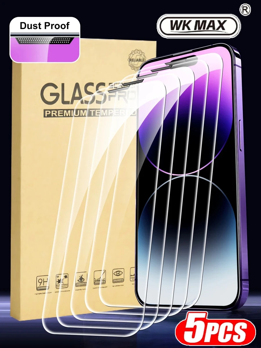 

5Pcs Dust Proof HD Tempered Glass For iPhone 15 14 13 12 11 16 Pro Max Full Cover Screen Protector For iPhone 17 PRO XR X XS MAX