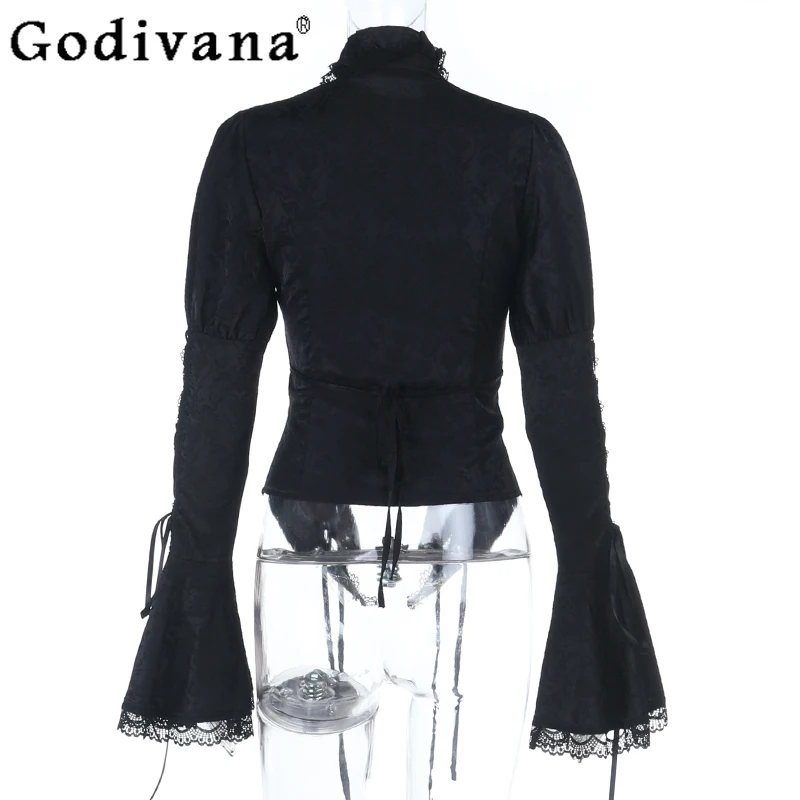 القوطية الظلام نمط أسود هالوين ملابس الإناث قميص أسود طويل الأكمام تأثيري حورية البحر تنورة الدعاوى النساء تأثيري ازياء مجموعة