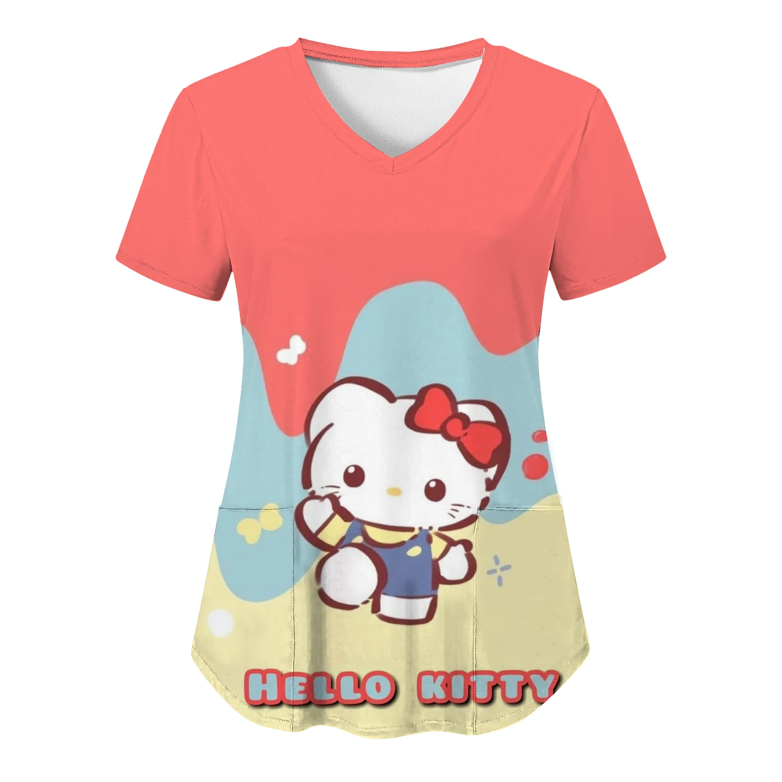 Hello Kitty Sanrio Kuromi Woman Clothing New T-shirt Women T-shirts 3D Print Top Cartoon Y2k V Neck Pocket Hospital Summer Neck