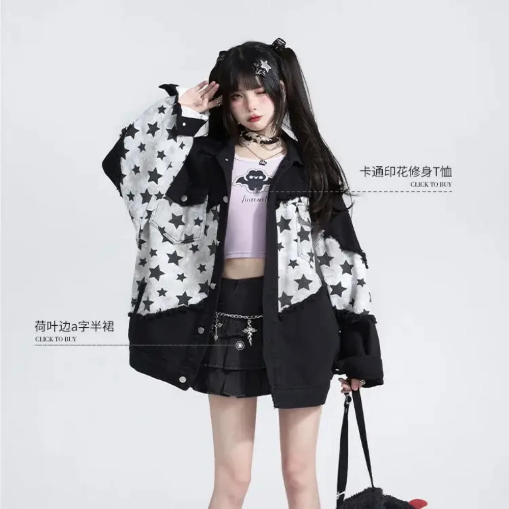 Women Jacket Coat Tops Black Cowboy Lapel Collar Female United States Retro Style Sweet Cool Ins Westernization Splicing Loose