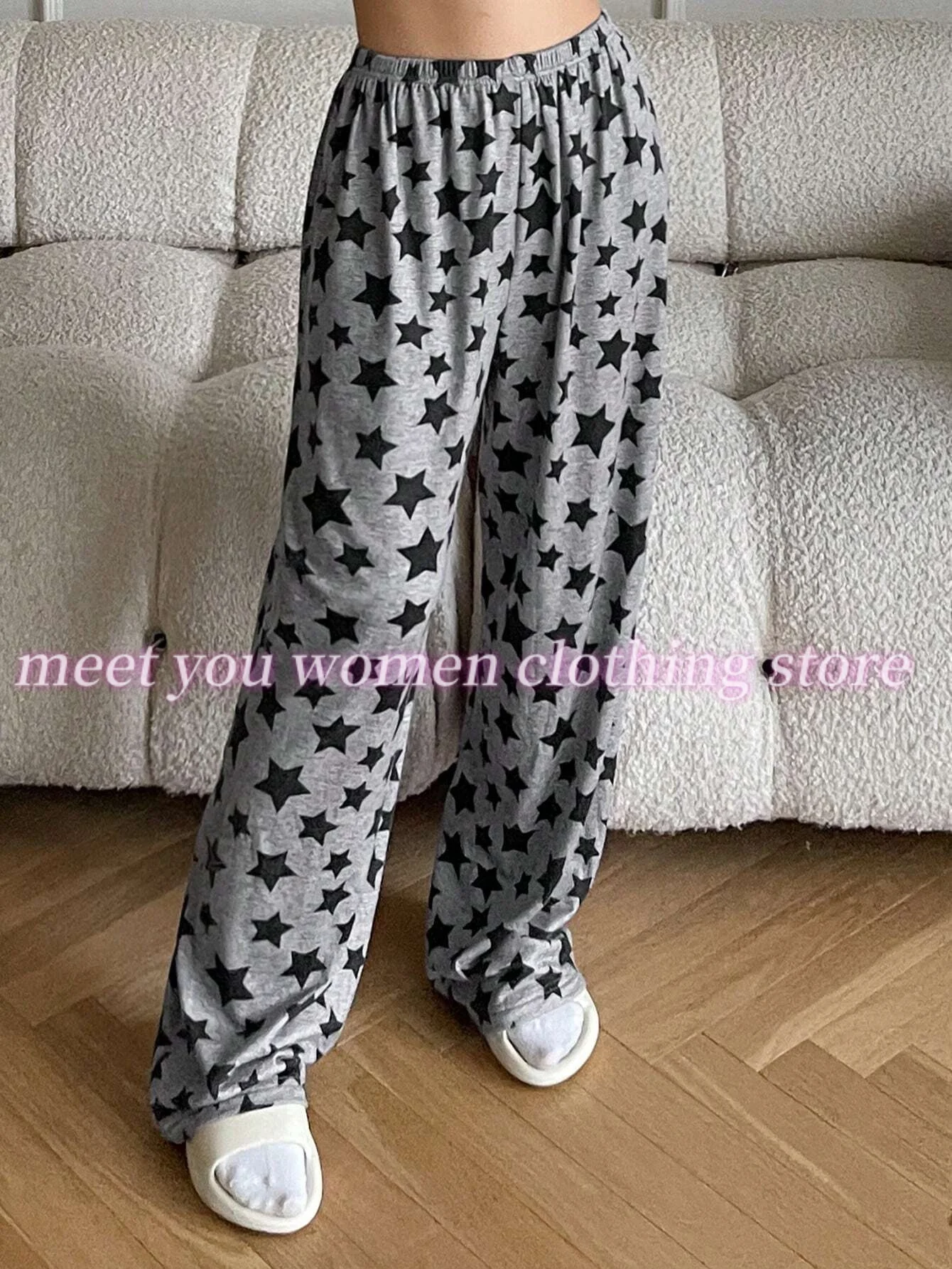 Calças de pijama femininas de perna reta preto estrelas imprimir solto-ajuste cor calças de pijama roupas femininas calças de dormir