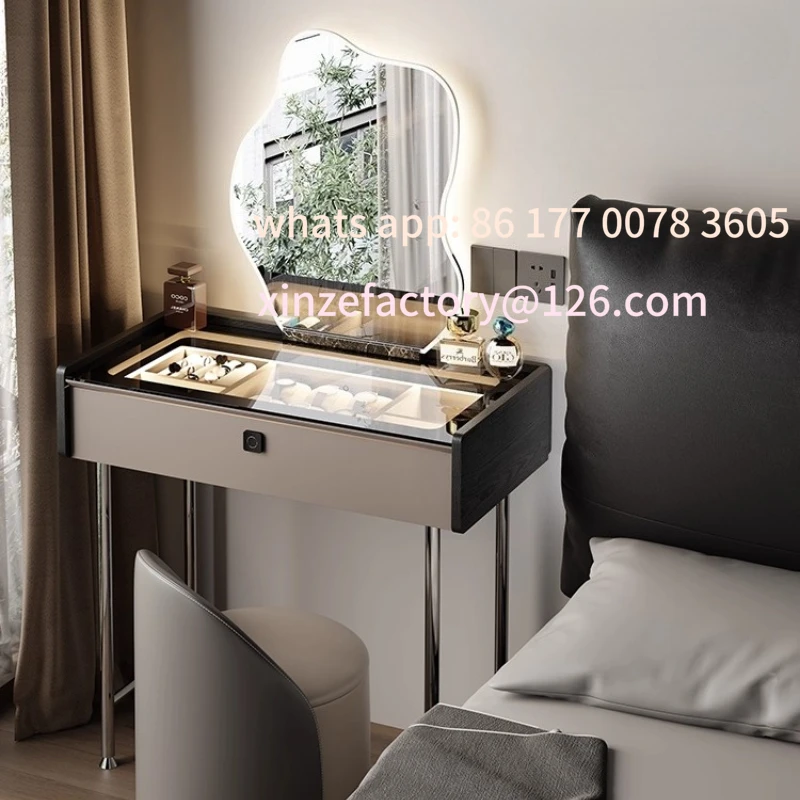 Meja Rias Mewah dengan Lampu yang Dapat Disesuaikan, Dilengkapi Kunci, Meja Rias Minimalis Italia dari Kayu Solid