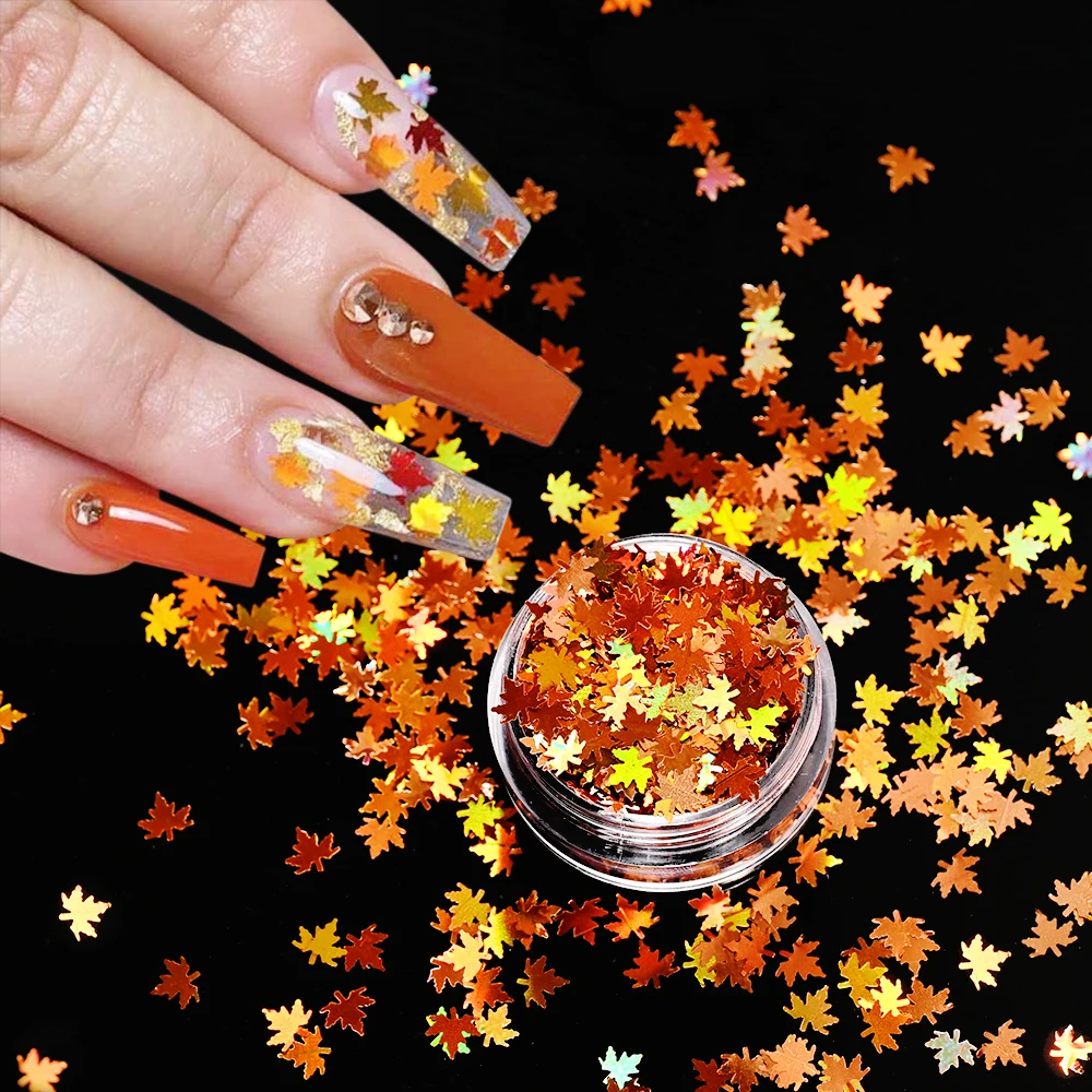 Prettyg 6Mm M-Fall Esdoornblad Vorm Metallic Holografische Glitter Herfst Vorm Pailletten Glitter Supplie Voor Nail Art Diy Decoratie