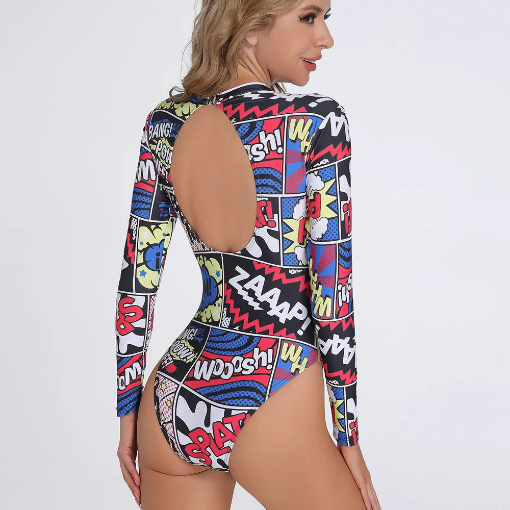 Backless Long Sleeves Swimwear 2023 New Sexy Abstract Print One Piece Swimsuit Bikini Closed Women Surfing Bathing Suit Beach