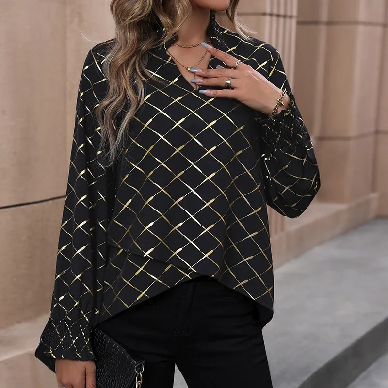 

Autumn V-neck Loose Shirt Fashion Plaid Printed Long Sleeve Blouse Casual Commute Office Lady Tops Blusas De Verano Mujer 30138