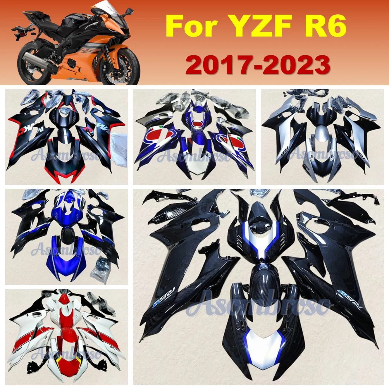 

Комплект обтекателей из углеродного волокна для Yamaha YZFR6 2017 2018 2019 2020 2021 2022 2023 YZF-R6 yzf r6 17-23 обтекатели краски