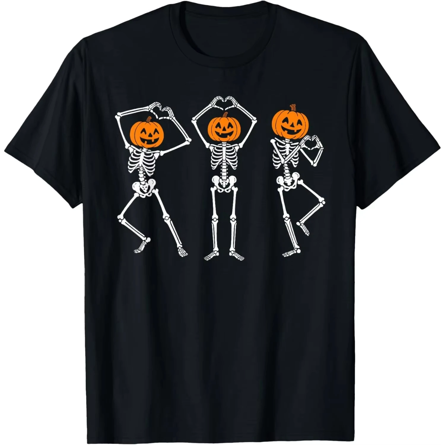 2026 New Hot Funny Skeleton Pumpkin Heart Pose Graphic Print Casual Round Neck T-Shirt for Men