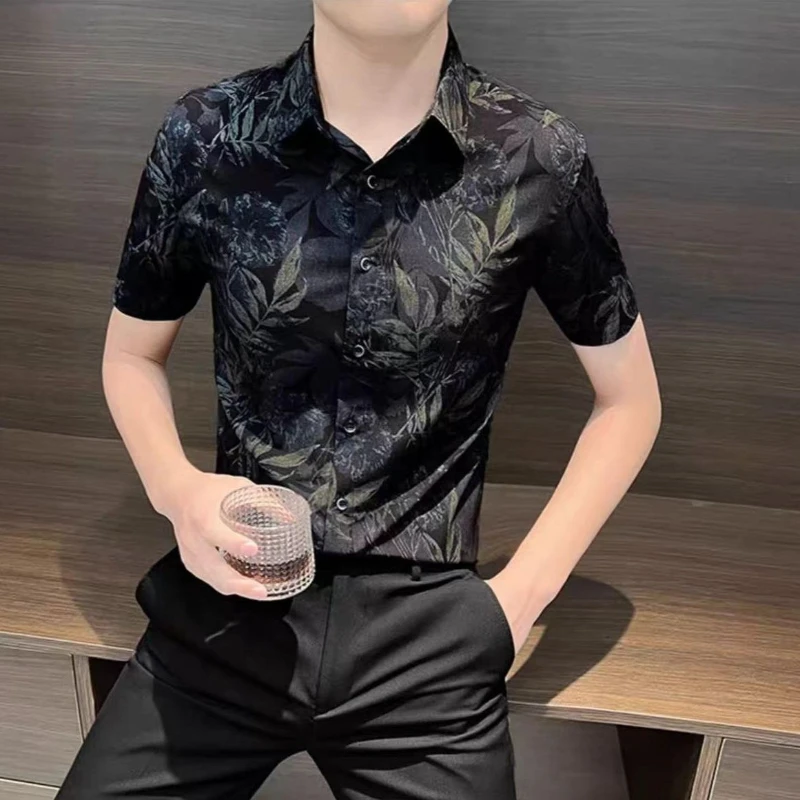 Men's Summer Short Sleeve Shirt Ice Silk Casual Button Down Shirts Slim Fit Floral Printed Fashion Male Clothes Luxury Style