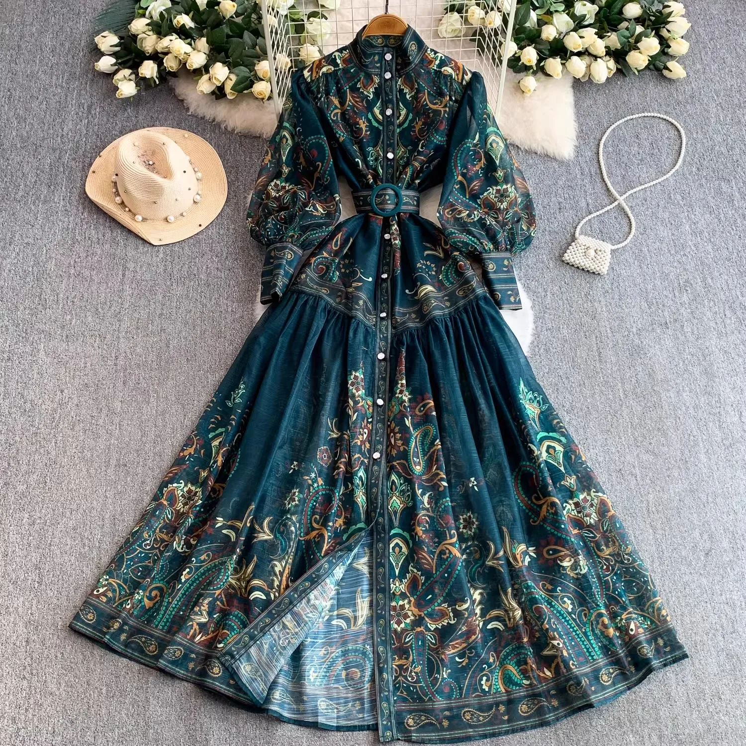 Vintage Chiffon Maxi Dress Women's Spring Summer 2026 Single Breasted A-Line Stand Puff Sleeve Full Dress Elegant Lady Style