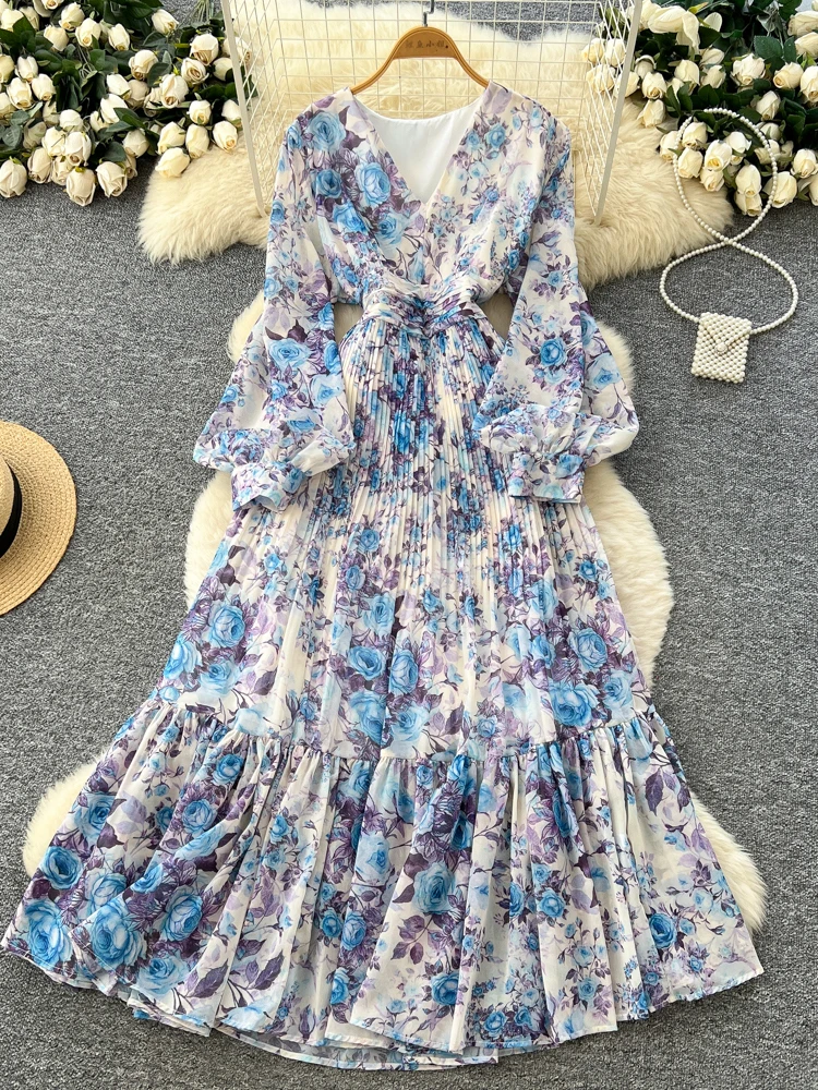 

Women Autumn Dress French Style New High-end V-neck Lantern Sleeves Floral Long Pleated Dress Maxi Vestidos Female DS274