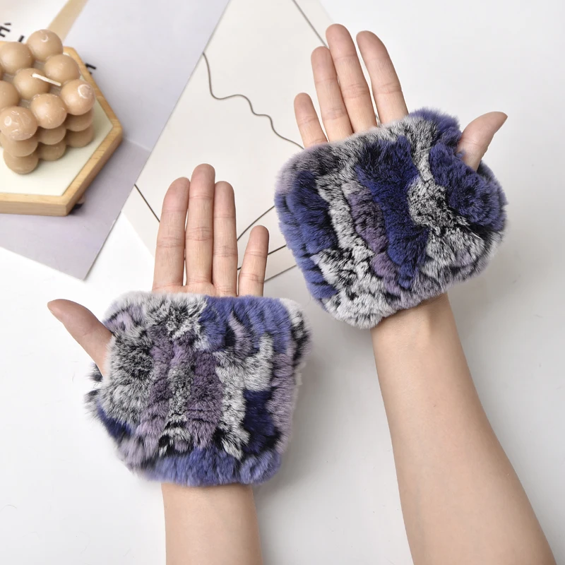 Women's Natural Rex Rabbit Fur Gloves Elastic Knitted Real Fur Mittens Winter Warm Wrist Guards with Exposed Fingers