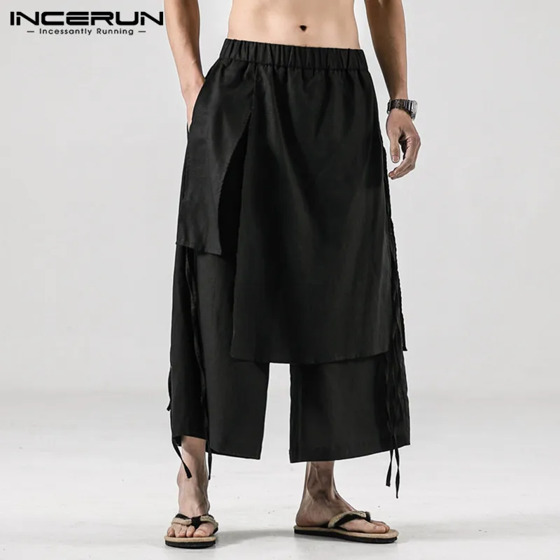 

Men Casual Pants Solid Streetwear Joggers Baggy Irregular Skirts Trousers Men 2024 Harajuku Elastic Waist Wide Leg Pants INCERUN