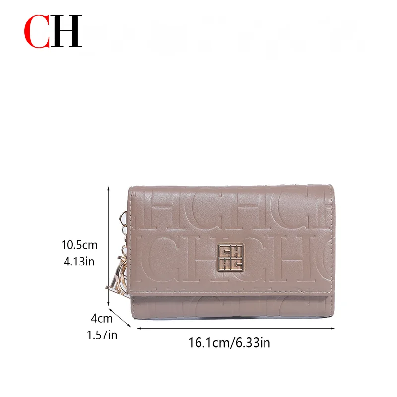 CH Women's Embossed Letter Wallet Elegant Flap Card Holder Coin Purse with Keychain Charm Fashion Clutch Wallet for Daily Use