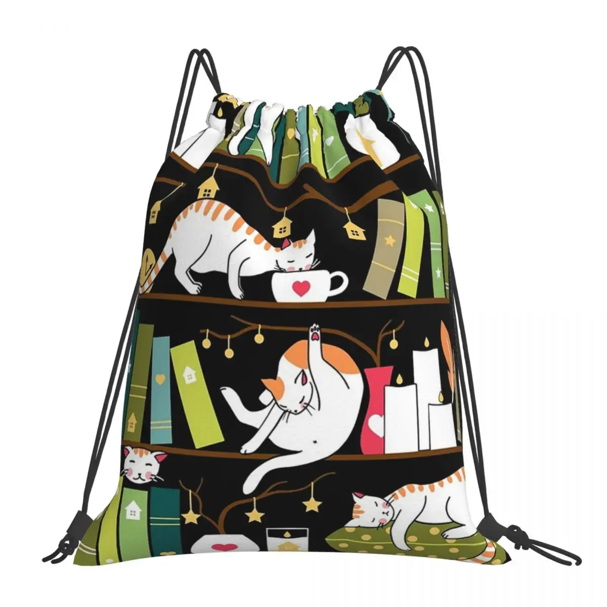 Library Cats - Whimsical Cats On The Book Shelves Backpacks Drawstring Bags Drawstring Bundle Pocket Sports Bag BookBag