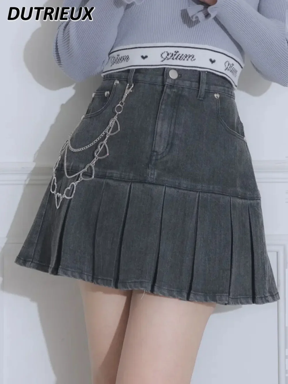 Japanese Style High Waist Pleated Denim Skirt Women's Summer Autumn New Stylish Simple Versatile Short Skirts (without Chain)