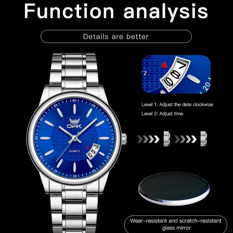 OPK 6028 Silver Blue Quartz Watch for Men Luxury Brand Waterproof Luminous Date Wristwatch