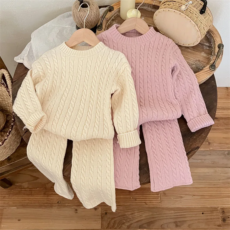 Soft Warm Knitting Sets for Girls Solid Striped Pullover Sweaters+Elastic Waist Straight Pants Two Pieces Children Winter Suits