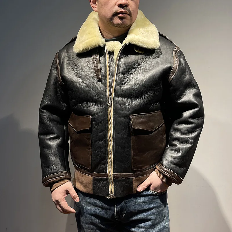 

A2 Flight Suit Fur Men Lapel Thickened Sheepskin Genuine Leather Jacket Super Warm Large Size Sheep Shearling High Quality Coat