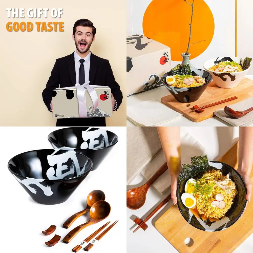 

Large 60oz Japanese Ceramic Ramen Bowl Set with Chopsticks, Spoons, and Rests - Ideal for Ramen, Pho, Salad, and More - Minimali