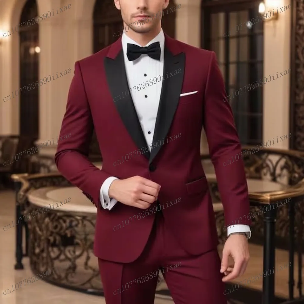 New Burgundy Men Business Suit Groom Groomsman Wedding Party Formal Occasion Costume Male Tuxedos 2 Piece Set Jacket Pants