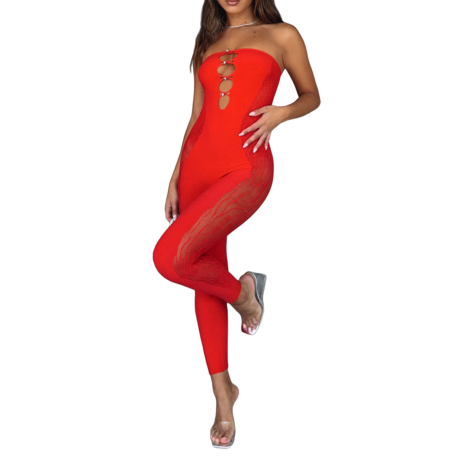 Women Fashion Sexy Sheer Mesh Patchwork Jumpsuit Sleeveless Off Shoulder Cutout Solid Color Wrapped Long Bodysuit Streetwear