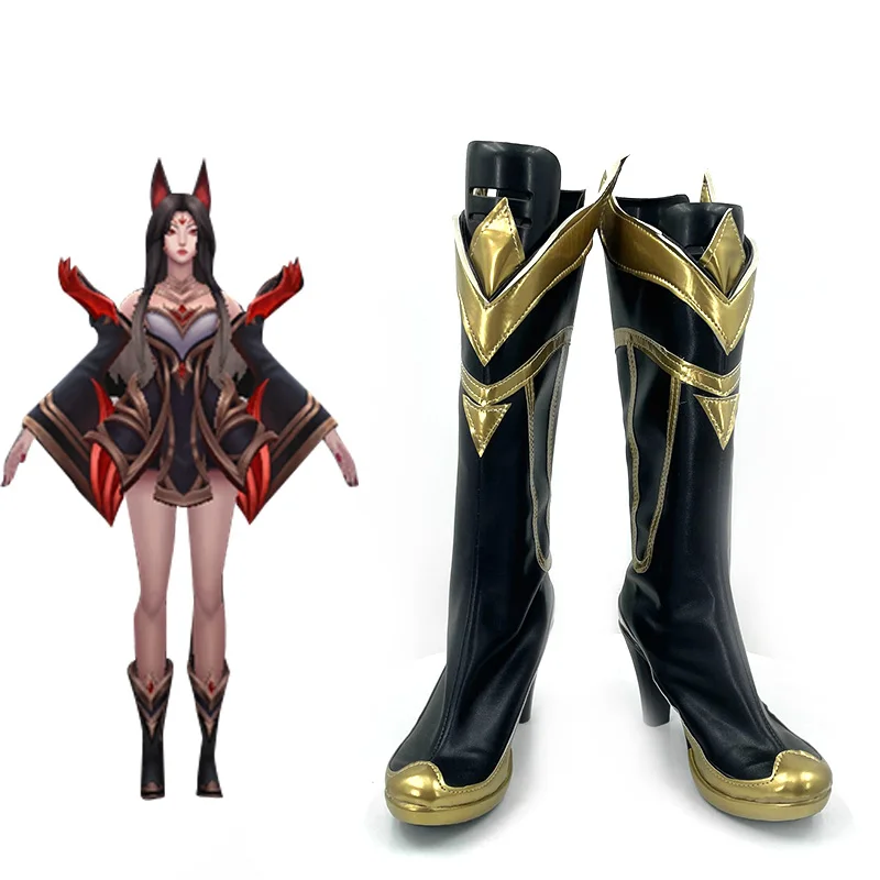 

Игра Аниме LOL Ahri, черные, желтые, длинные туфли для косплея, ботинки для женщин и мужчин, вечерние ботинки на Хэллоуин, ролевые игры, индивидуальный заказ