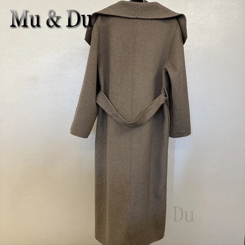 Elegant Shawl Collar Lace Up Long Wool Coat Women Full Sleeve Belt Lapel Thick Overcoat 2026 Autumn Winter Lady Chic Outwear