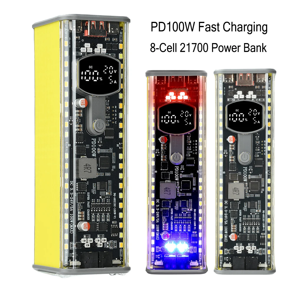 8-Cell 21700 Power Bank Case Kit PD 100W Super Fast Charging Transparent  Solder-Free Battery Holder DC Voltage Adjustable